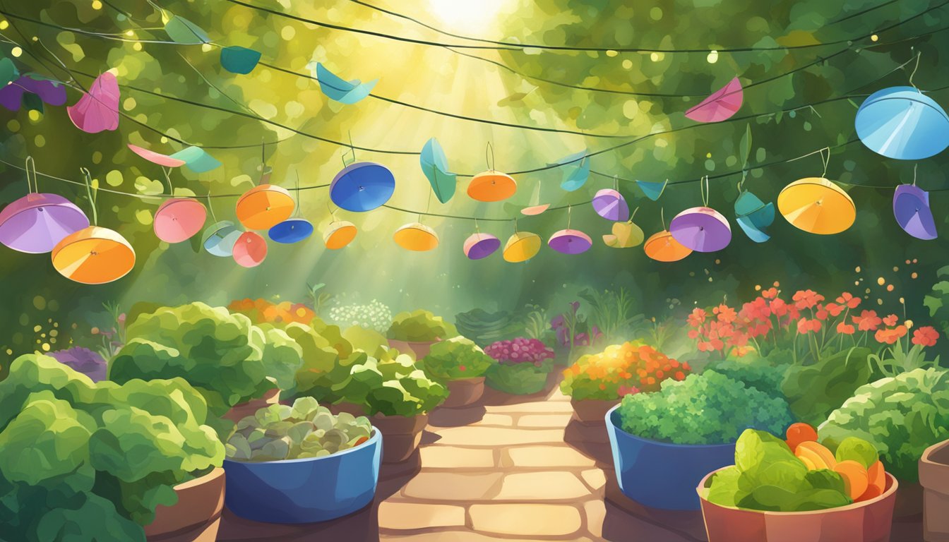 A garden with CDs hanging from strings, sunlight reflecting off them, surrounded by a variety of vegetables