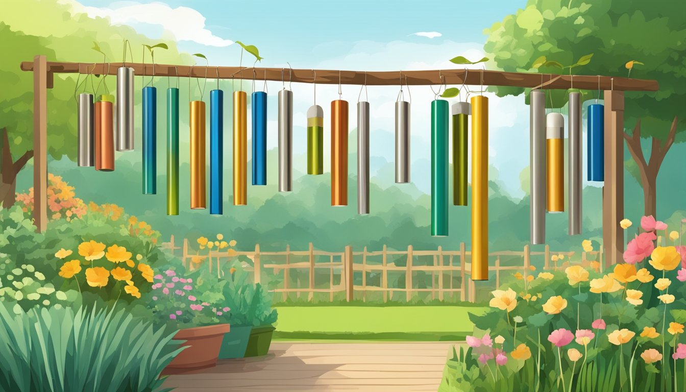 Wind chimes hanging in a vegetable garden, swaying in the breeze and creating noise to deter rabbits