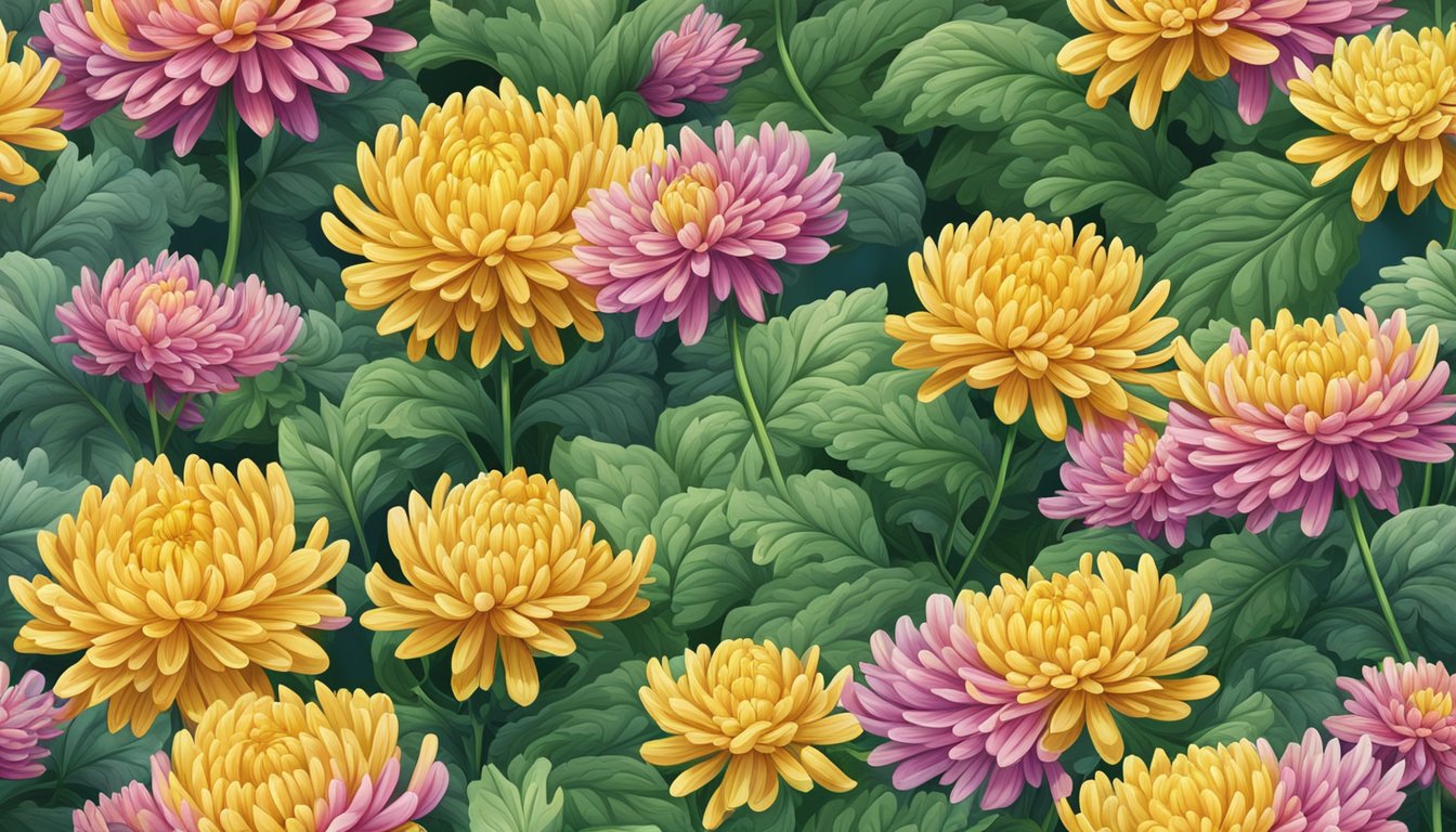 Chrysanthemum tea sprayed on plants, repelling aphids. Glistening leaves and blossoms, surrounded by a vibrant garden