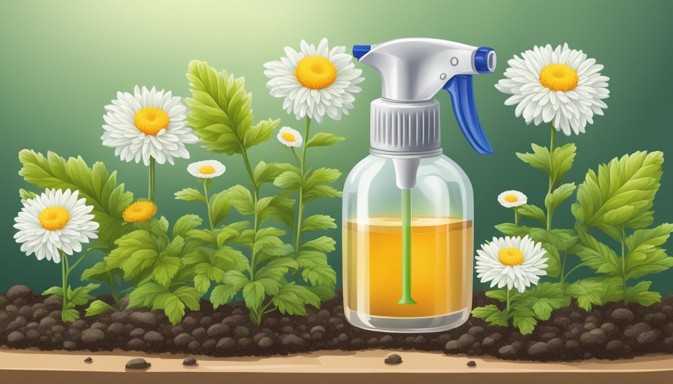 A spray bottle filled with chrysanthemum tea is being used to mist the leaves of various plants, with a focus on the soil to treat a fungus gnat infestation