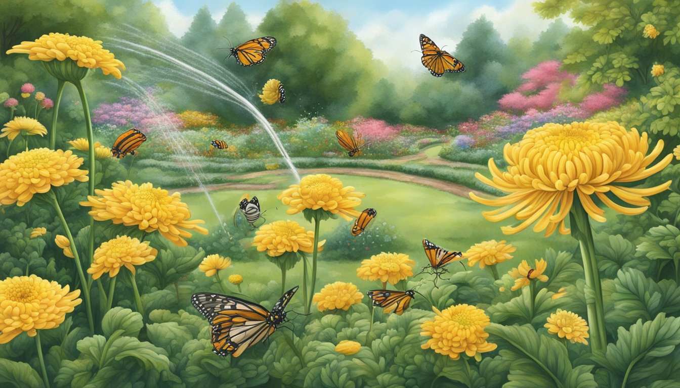 A garden scene with chrysanthemum tea being sprayed on plants, while caterpillars are repelled and other beneficial insects thrive