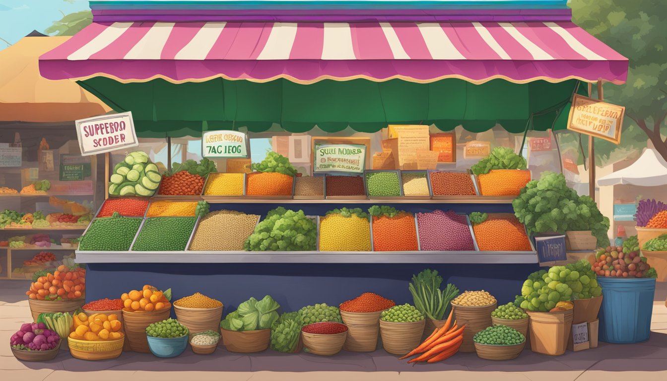 A vibrant market stall overflowing with colorful, fresh produce and exotic spices, with a sign advertising "Superfood Taco Night: South of the Border Nutrition."