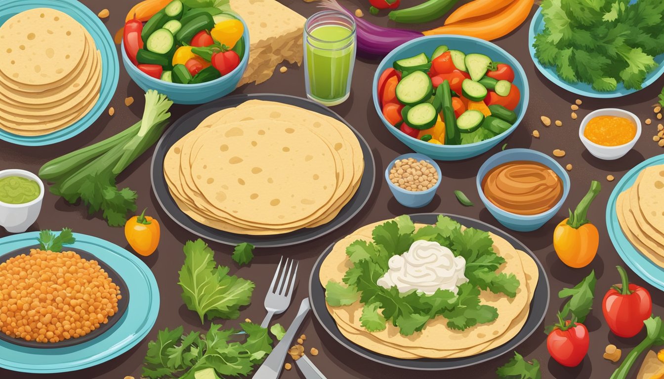 A colorful spread of fresh vegetables, lean proteins, and whole grain tortillas arranged on a vibrant table setting