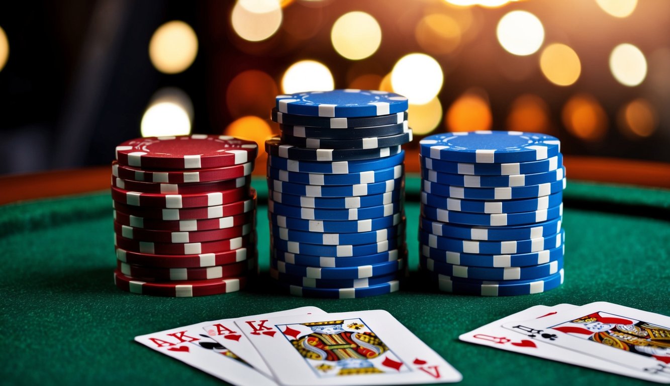 Sekelompok chip poker dan kartu permainan yang diatur di atas meja felt hijau