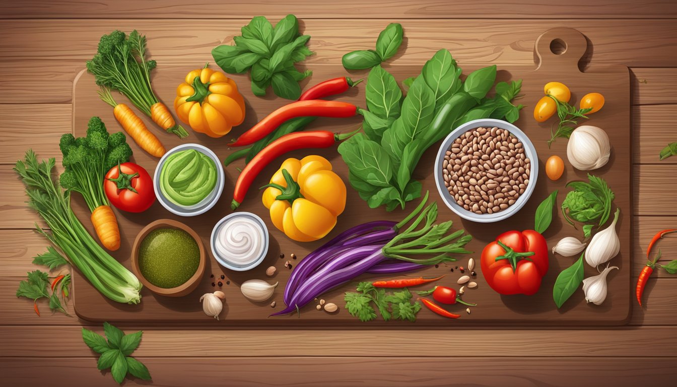 A colorful array of fresh vegetables, beans, and lean proteins arranged on a wooden cutting board, surrounded by vibrant spices and herbs