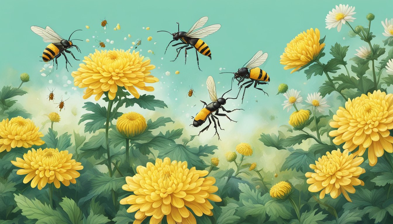 Chrysanthemum tea being sprayed on plants, with insects fleeing and plants remaining unharmed