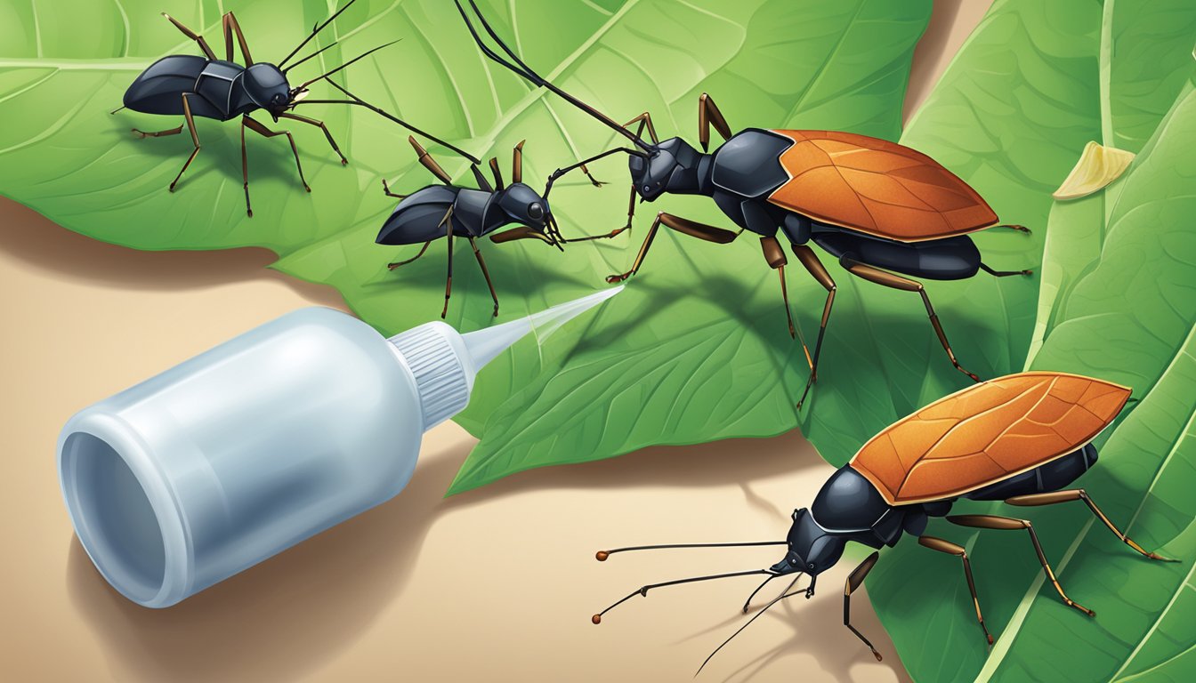 A spray bottle filled with diatomaceous earth solution being applied to a cluster of leaf-footed bugs on a green leaf