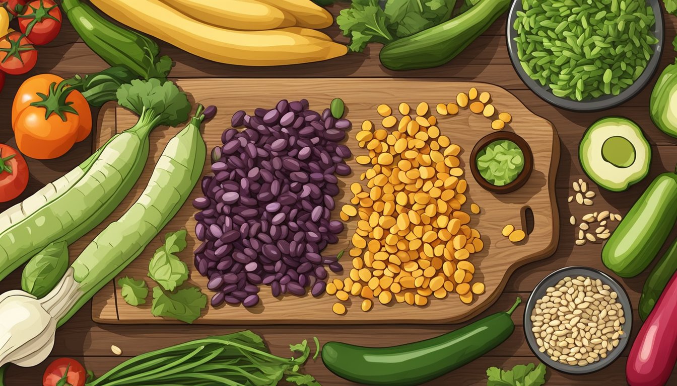 A colorful array of fresh vegetables, beans, and grains arranged on a wooden cutting board, ready to be assembled into a superfood taco