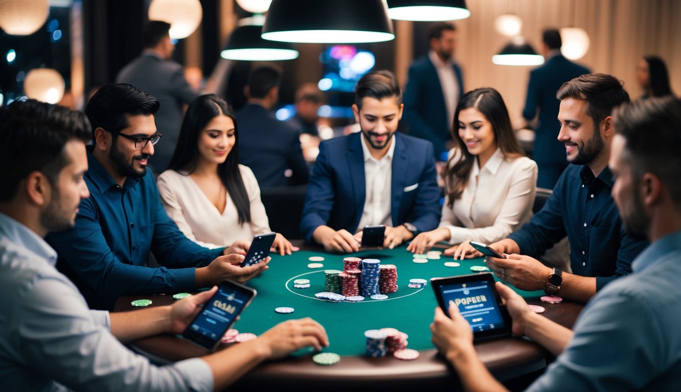 Sekelompok orang berkumpul di sekitar meja, bermain poker online di perangkat mereka, dengan kartu dan chip tersebar di atas meja