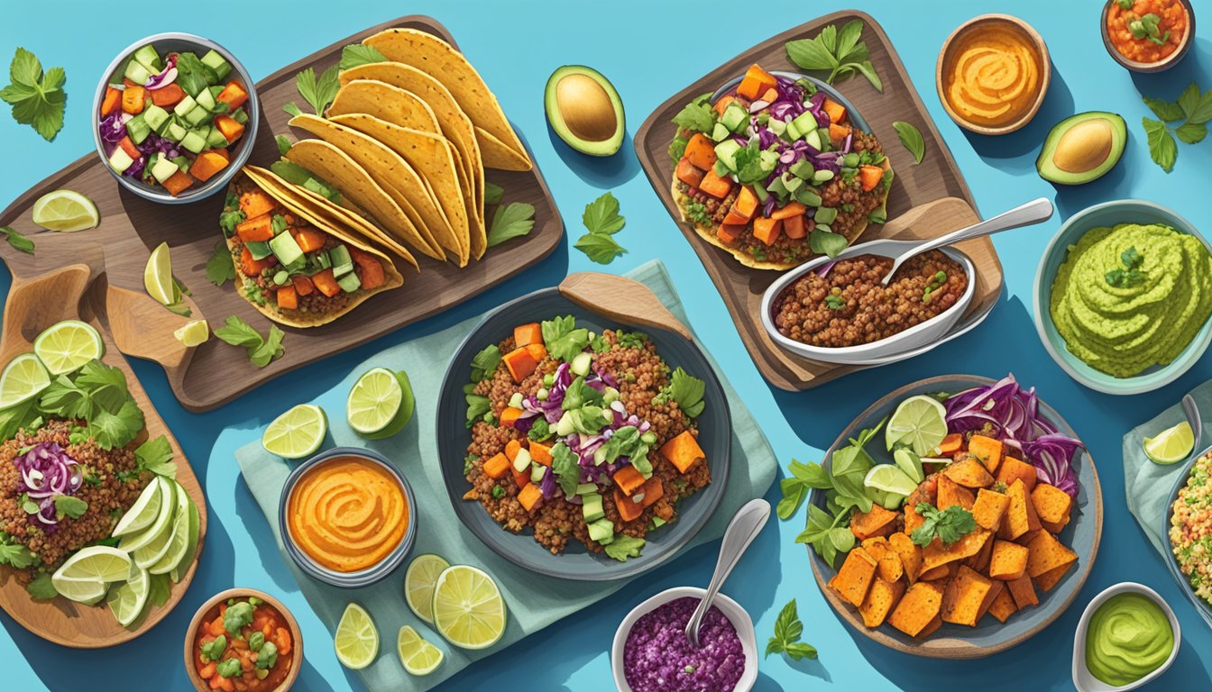 A vibrant table spread with colorful superfood side dishes, including quinoa salad, roasted sweet potatoes, and avocado salsa, alongside a platter of loaded superfood tacos