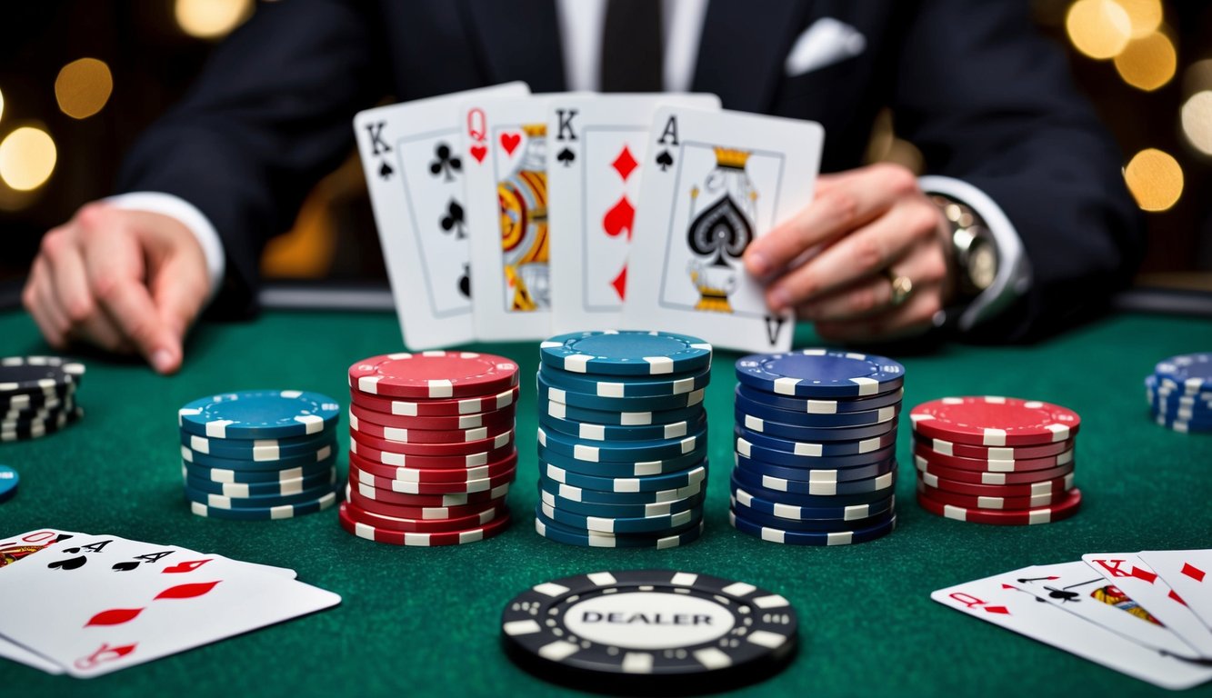 Sekelompok chip poker dan kartu permainan yang disusun di atas meja felt hijau, dengan tombol dealer dan setumpuk kartu di latar belakang