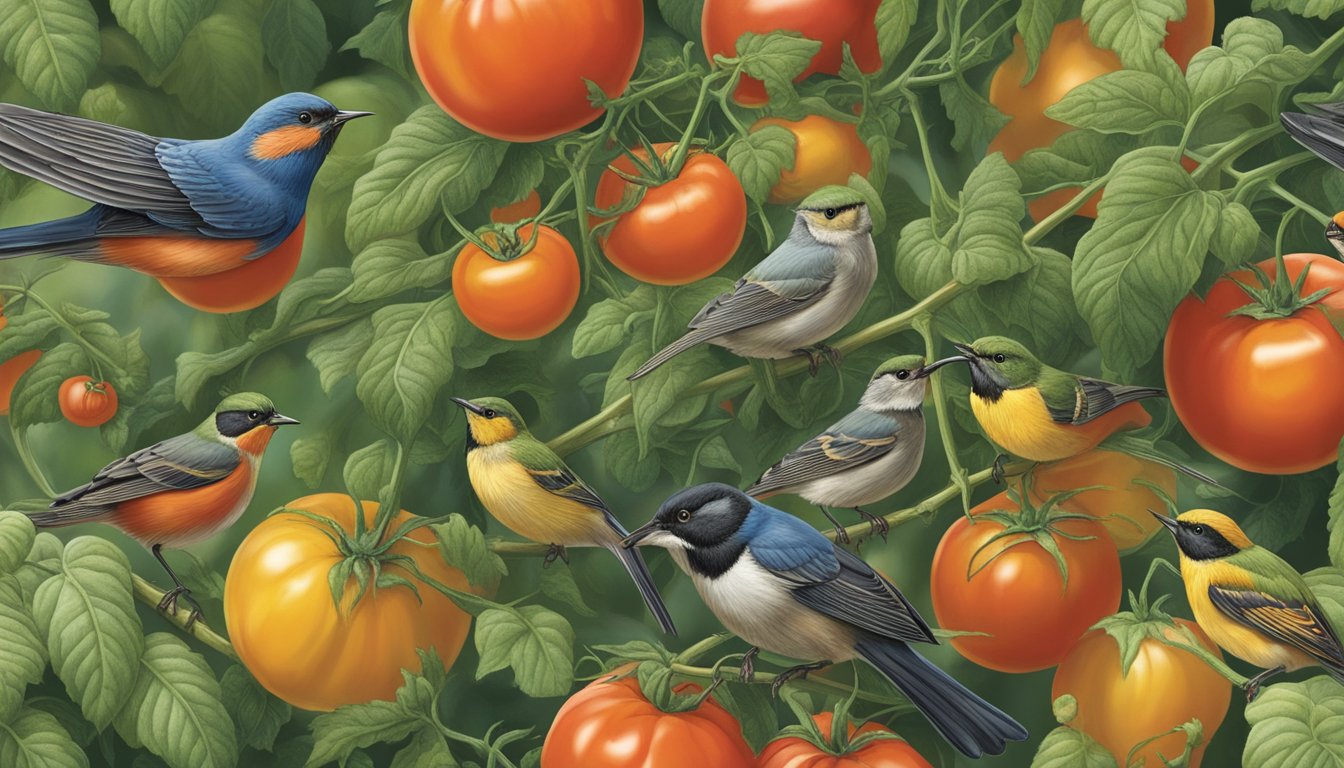 In a lush garden, insectivorous birds swoop down to feast on tomato fruitworms, helping to naturally control the pest population