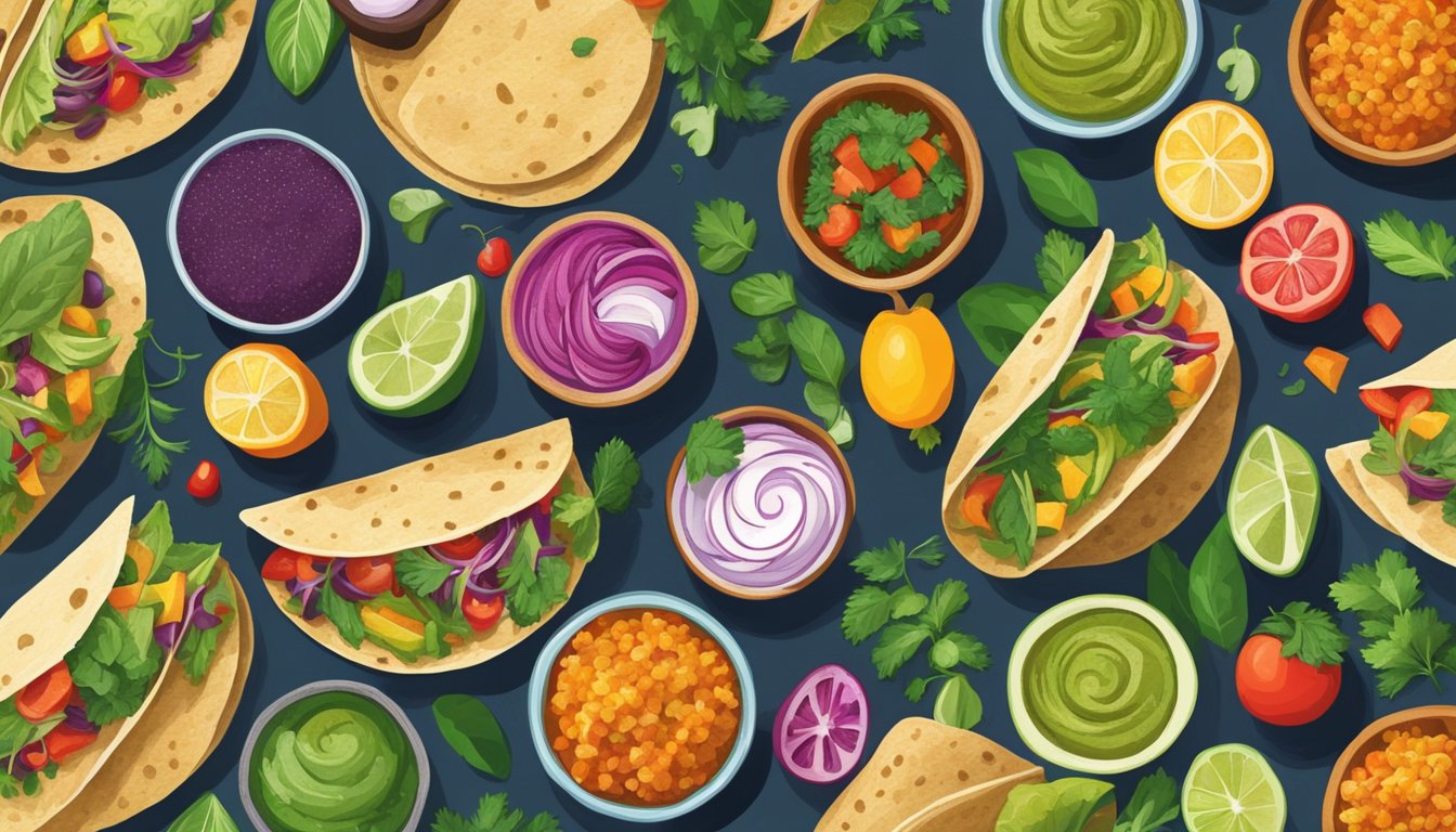 A vibrant table spread with an array of colorful superfood tacos, surrounded by fresh ingredients and herbs, evoking a sense of health and wellness