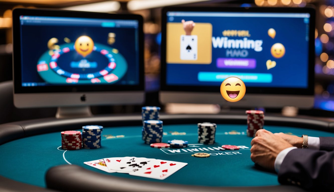 Sebuah meja poker dengan kartu dan chip digital, dikelilingi oleh layar komputer yang menampilkan tangan yang menang dan emoji perayaan