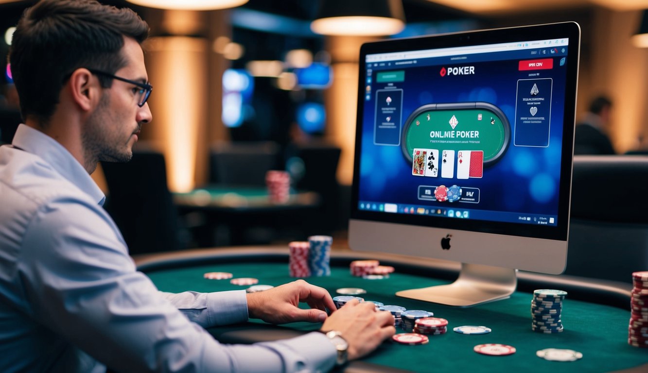 Meja poker dengan kartu, chip, dan komputer yang menampilkan permainan poker online yang sedang berlangsung