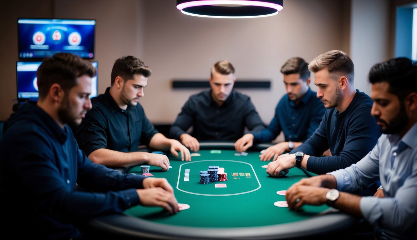 Sekelompok pemain duduk di sekitar meja poker virtual, masing-masing sangat fokus pada layar mereka saat mereka merencanakan langkah selanjutnya.