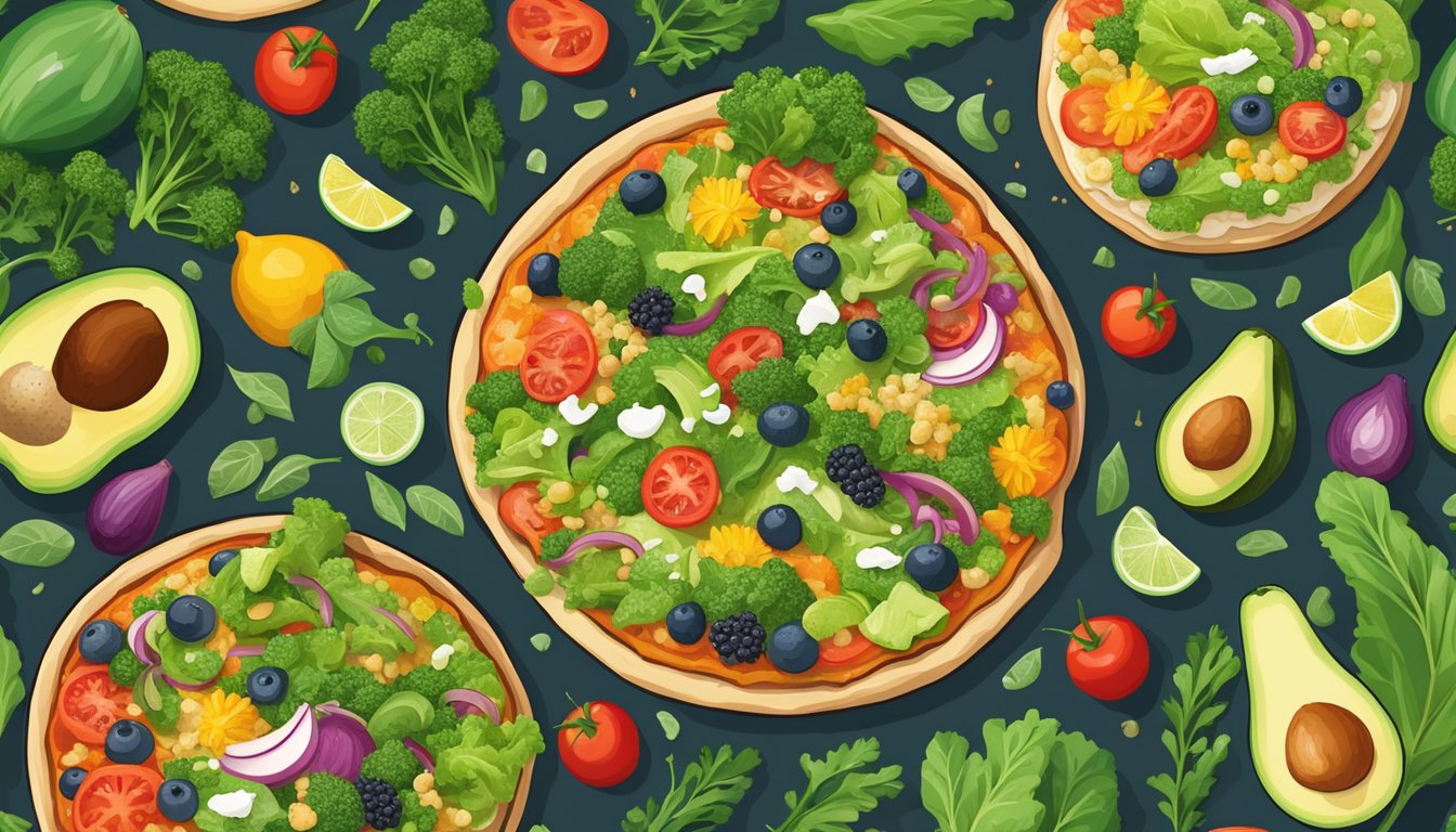 A colorful array of superfood toppings like kale, quinoa, and avocado adorning a gourmet pizza, surrounded by vibrant ingredients and herbs