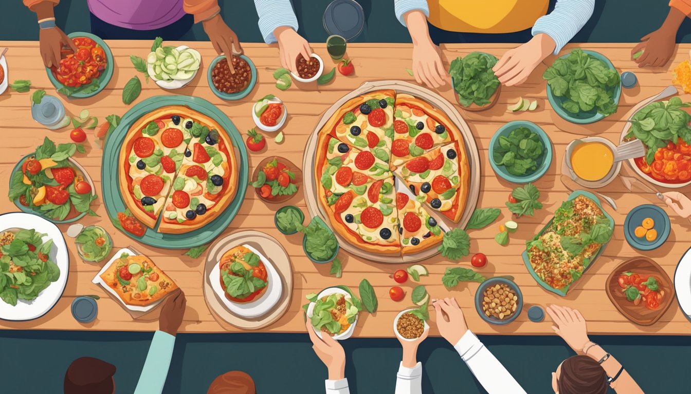 A colorful table spread with vibrant superfood pizza toppings and a variety of healthy ingredients, surrounded by friends enjoying the party atmosphere