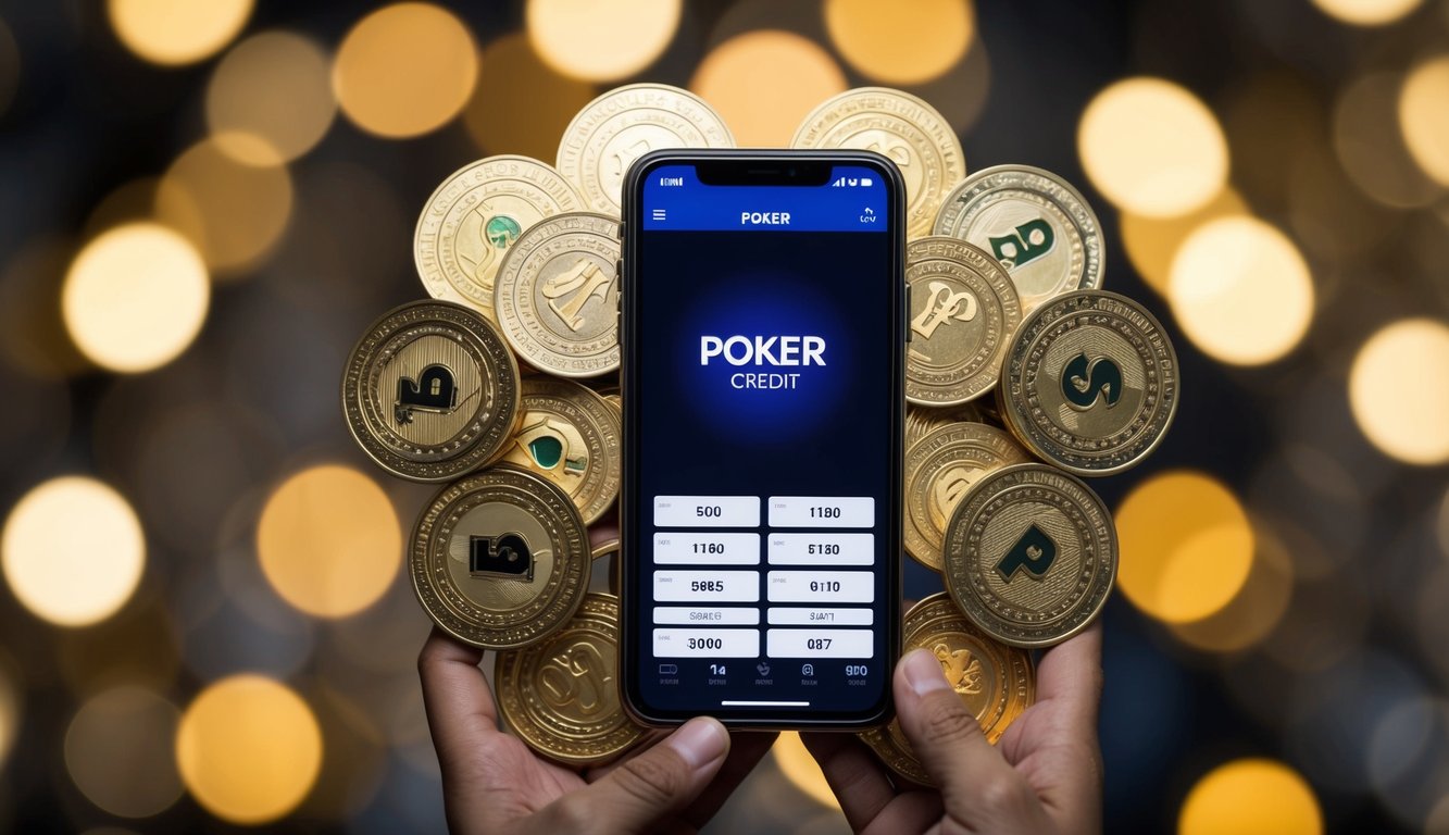 Sebuah smartphone dengan aplikasi poker terbuka, dikelilingi oleh berbagai denominasi kredit pulsa