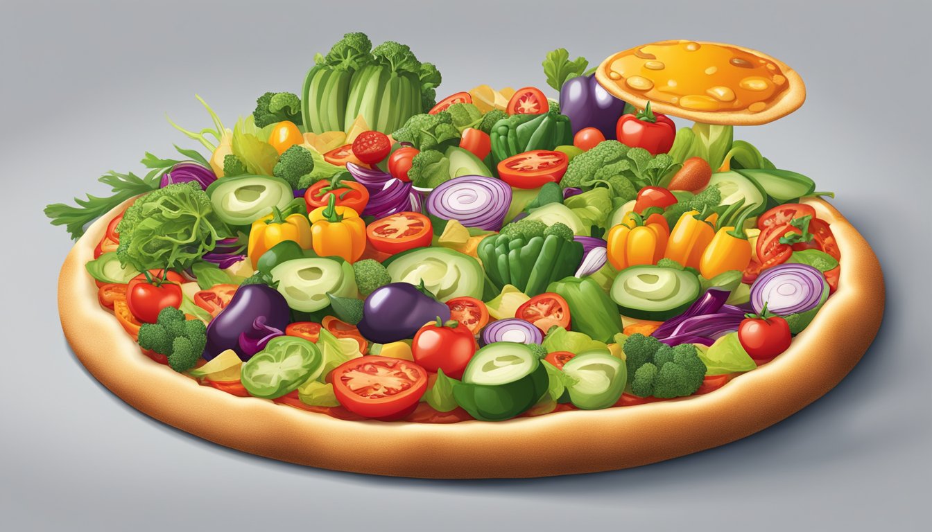 A colorful array of fresh, vibrant vegetables and superfood toppings arranged on a pizza in an eye-catching display