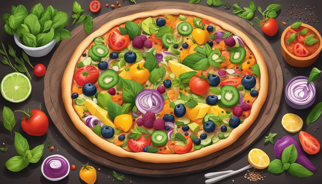 A colorful array of nutrient-rich superfoods arranged on a freshly baked pizza crust, surrounded by vibrant ingredients and herbs