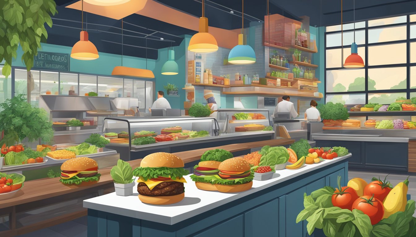 A vibrant, bustling burger joint with a colorful array of fresh, plant-based ingredients on display, including leafy greens, ripe avocados, and juicy tomatoes