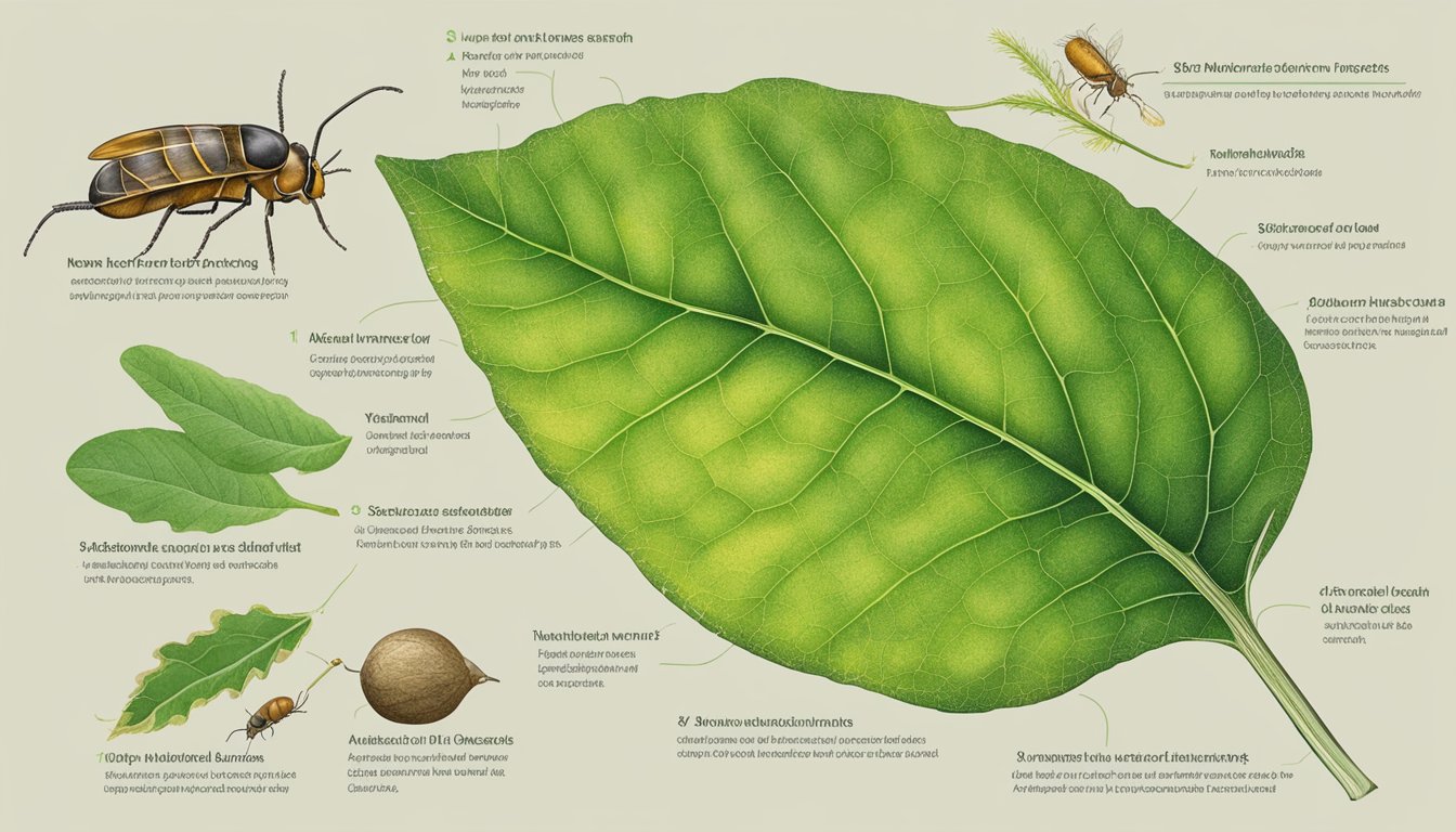 A close-up of a leaf with visible leafminer damage and various organic solutions surrounding it, such as neem oil, diatomaceous earth, and beneficial insects