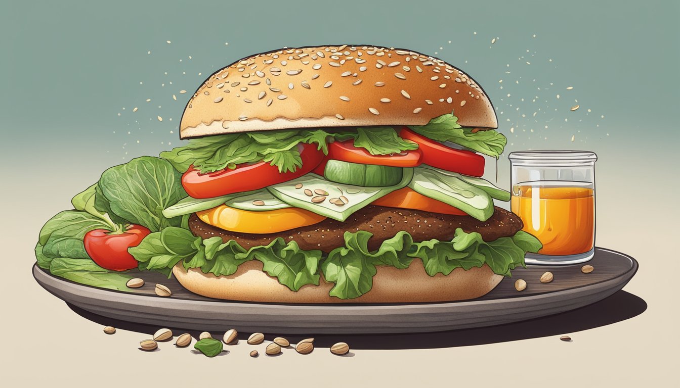 A vibrant array of fresh vegetables, seeds, and exotic sauces adorning a juicy plant-based burger on a sesame seed bun