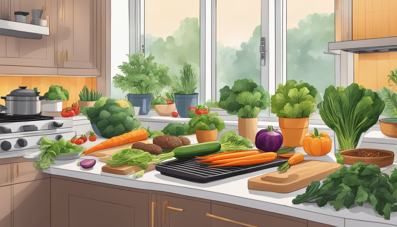 A bustling kitchen with colorful vegetables being chopped, sizzling patties on the grill, and a variety of plant-based ingredients neatly organized on the counter