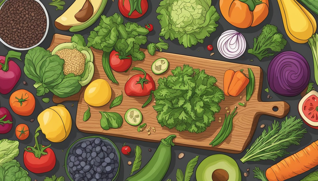 A colorful array of fresh vegetables, vibrant fruits, and hearty grains are artfully arranged on a wooden cutting board, ready to be assembled into a mouthwatering plant-based burger at "Sides and Pairings: The Superfood Burger Joint."