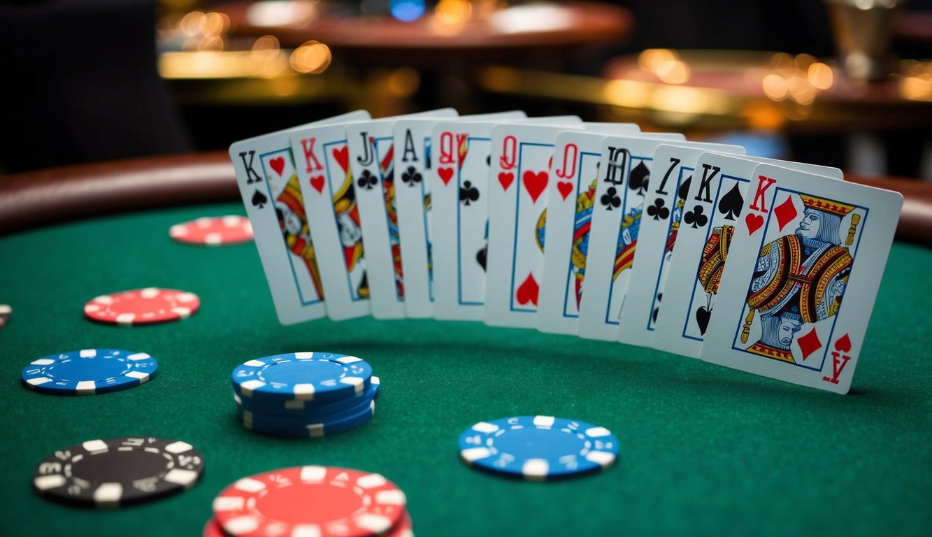 Sekelompok kartu bermain berwarna-warni disusun dalam bentuk kipas di atas meja felt hijau, dengan chip poker tersebar di sekitarnya