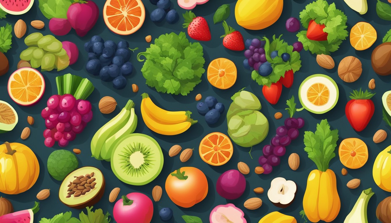 A variety of colorful fruits and vegetables arranged in a circular pattern, surrounded by nuts and seeds, with rays of light shining down on them