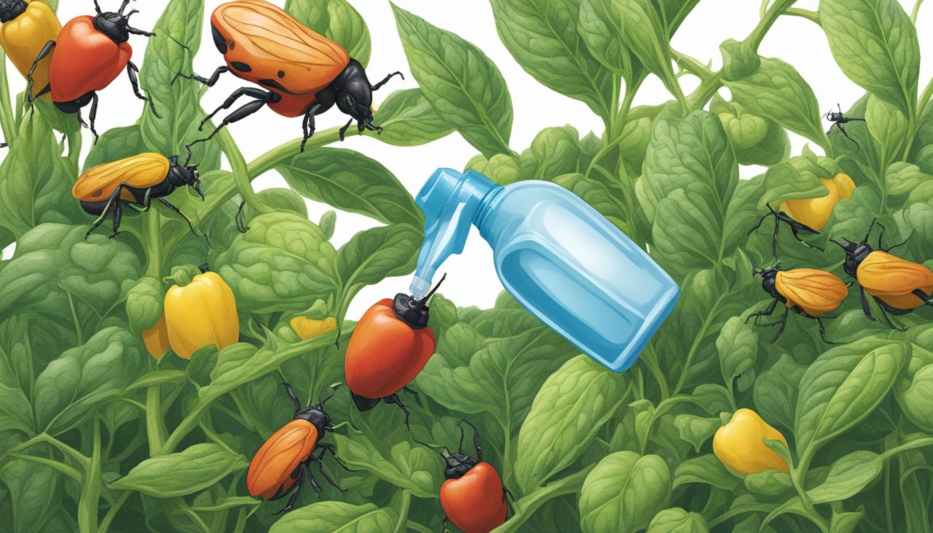 A spray bottle dispenses insecticidal soap onto pepper plants infested with weevils