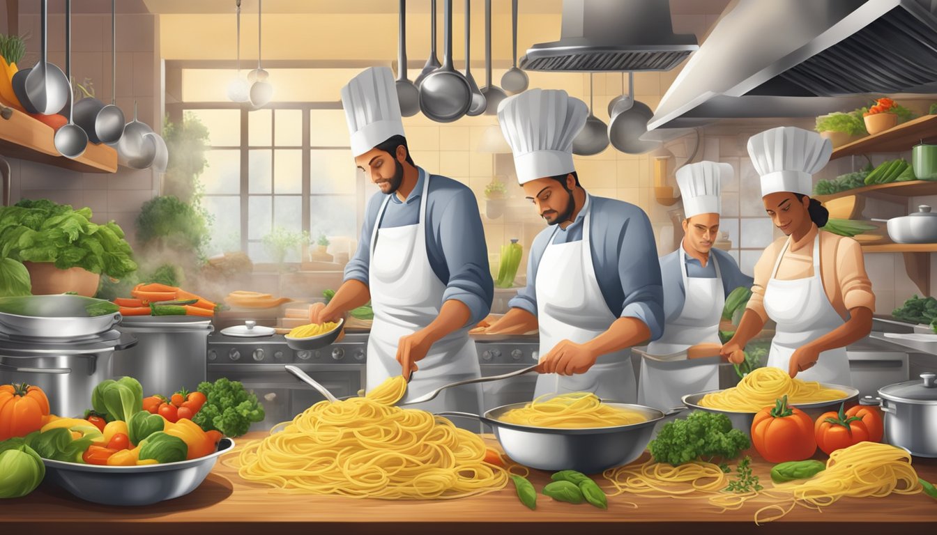 A bustling Italian kitchen with steaming pots of pasta, vibrant vegetables, and aromatic herbs, as chefs prepare a modern twist on traditional pasta dishes