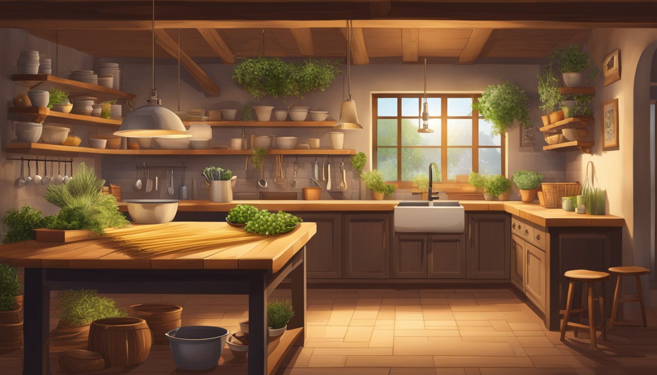 A rustic kitchen with a wooden pasta-making station, fresh ingredients, and hanging herbs. A warm, inviting atmosphere with soft lighting