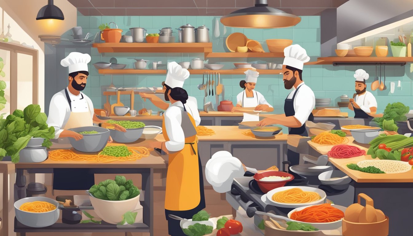 A bustling Italian kitchen with chefs preparing colorful and vibrant superfood pasta dishes, surrounded by traditional Italian ingredients and cooking utensils