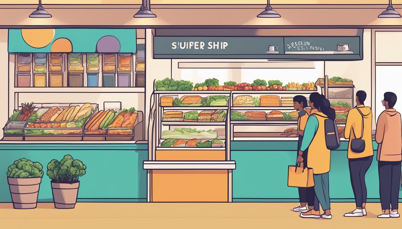 A bustling superfood sandwich shop with colorful, fresh ingredients stacked on display. Customers eagerly line up to order nutritious and delicious sandwiches