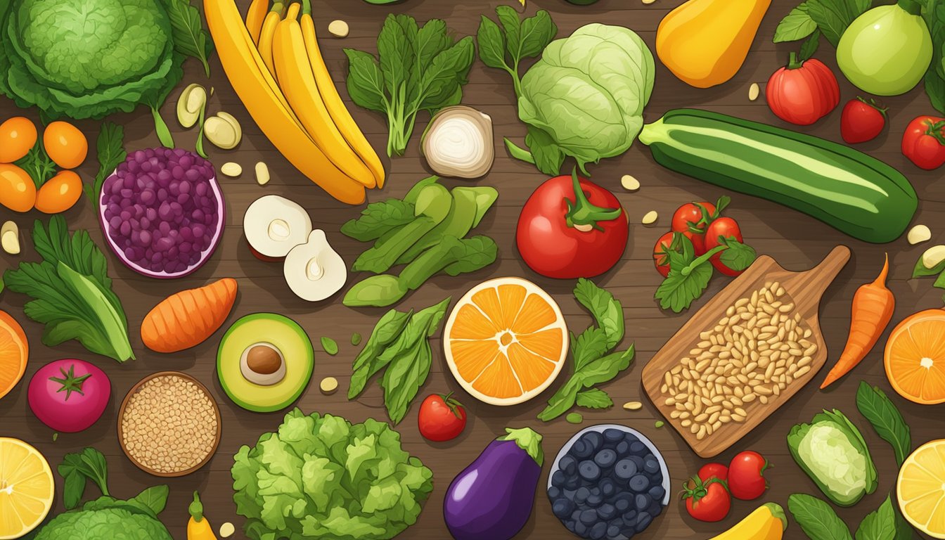 A vibrant array of fresh vegetables, fruits, and whole grains are neatly arranged on a wooden cutting board, ready to be transformed into a colorful and nutritious superfood sandwich