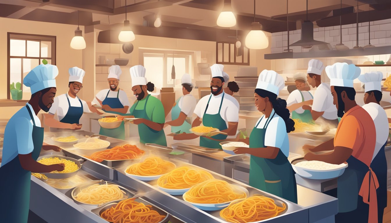 A bustling community hub with a lively pasta night, featuring colorful ingredients and steaming pots of pasta being prepared by chefs