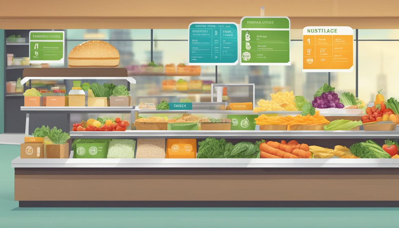 A colorful array of fresh ingredients and nutrition labels arranged on a counter at a sandwich shop