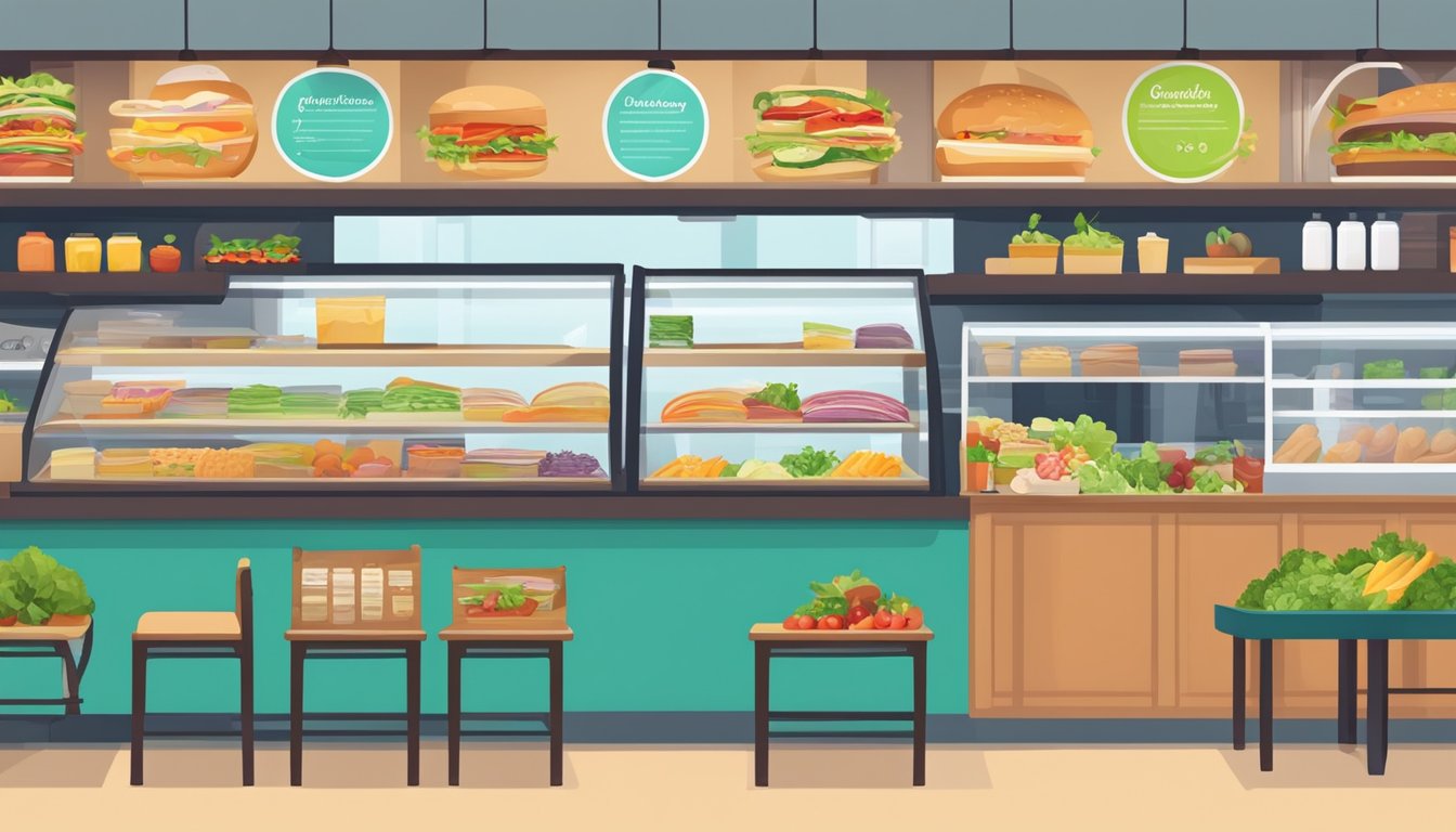 A colorful sandwich shop with a variety of fresh ingredients and superfoods displayed on shelves and counters, with a menu board listing dietary options