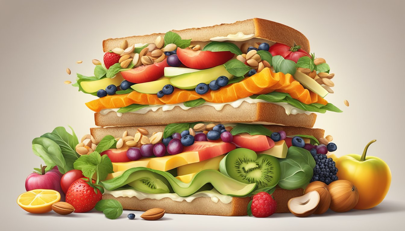 A colorful array of vibrant fruits, vegetables, nuts, and seeds piled high on a sandwich, showcasing the variety of superfoods offered at the shop