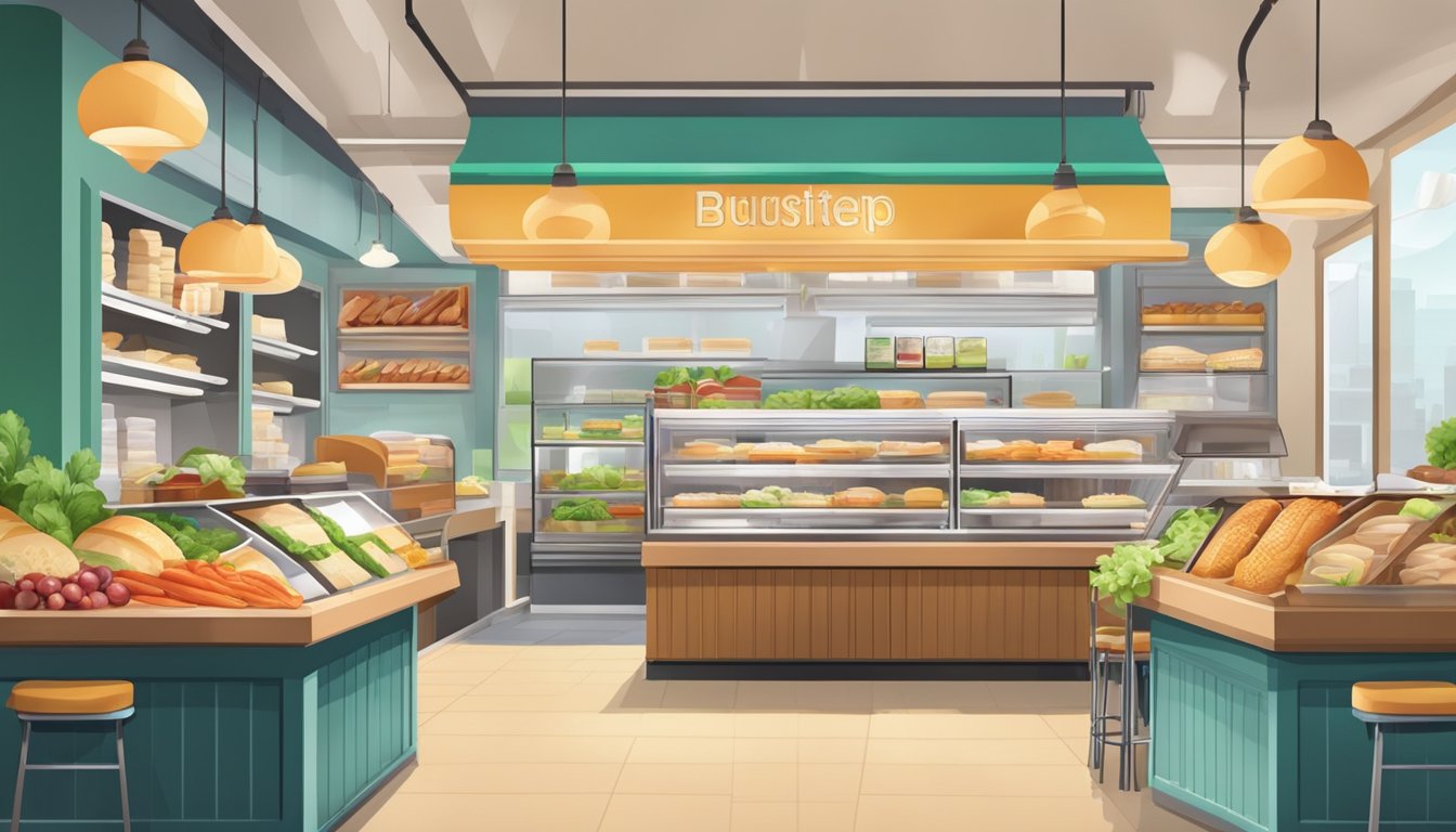 A bustling sandwich shop with colorful, fresh ingredients neatly organized and labeled according to nutrition regulations and standards