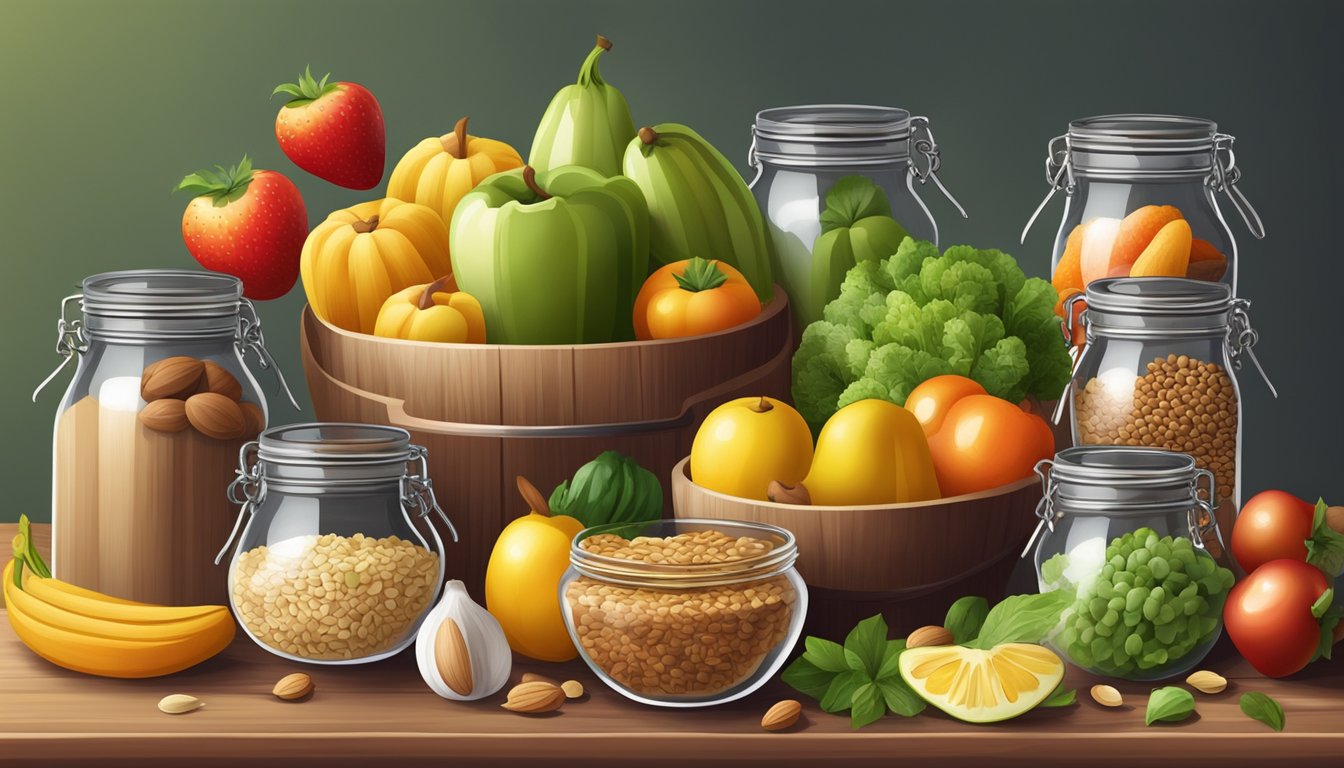 A colorful display of fresh fruits, vegetables, and whole grains arranged on a wooden cutting board, surrounded by jars of nuts and seeds