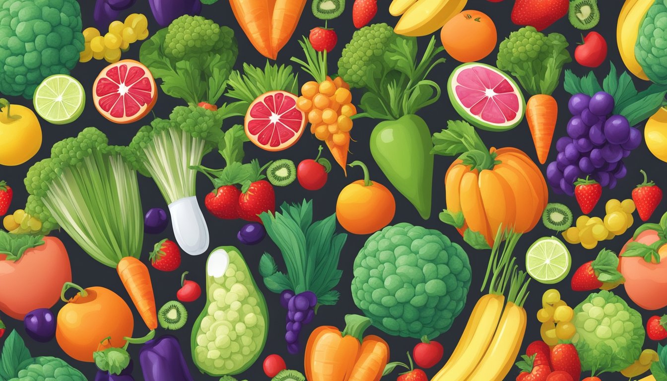 A variety of colorful fruits and vegetables arranged in a vibrant and appealing display, surrounded by toothbrushes and dental floss