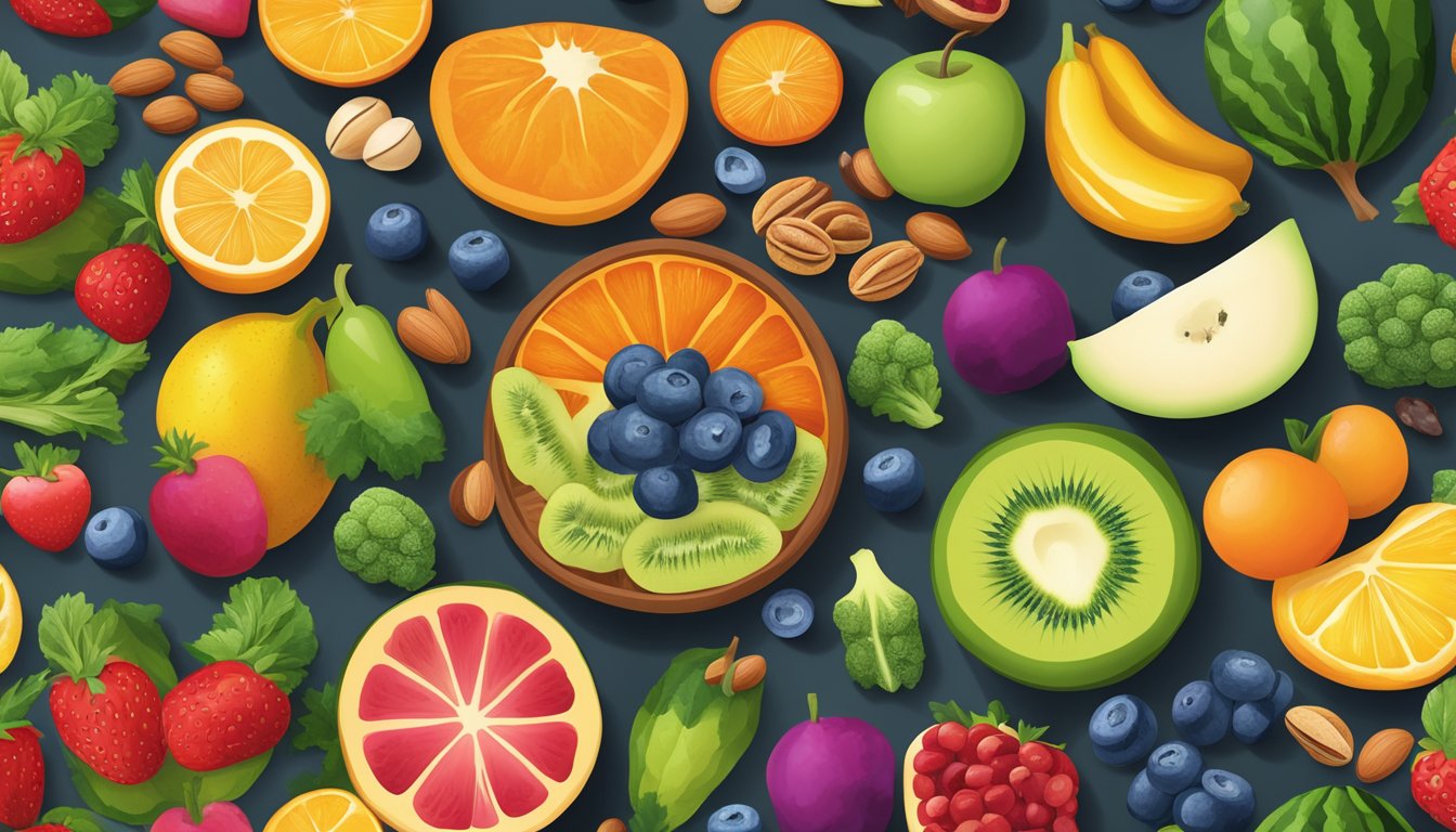 A vibrant array of fruits, vegetables, and nuts arranged in a bountiful display, surrounded by colorful superfood powders and supplements