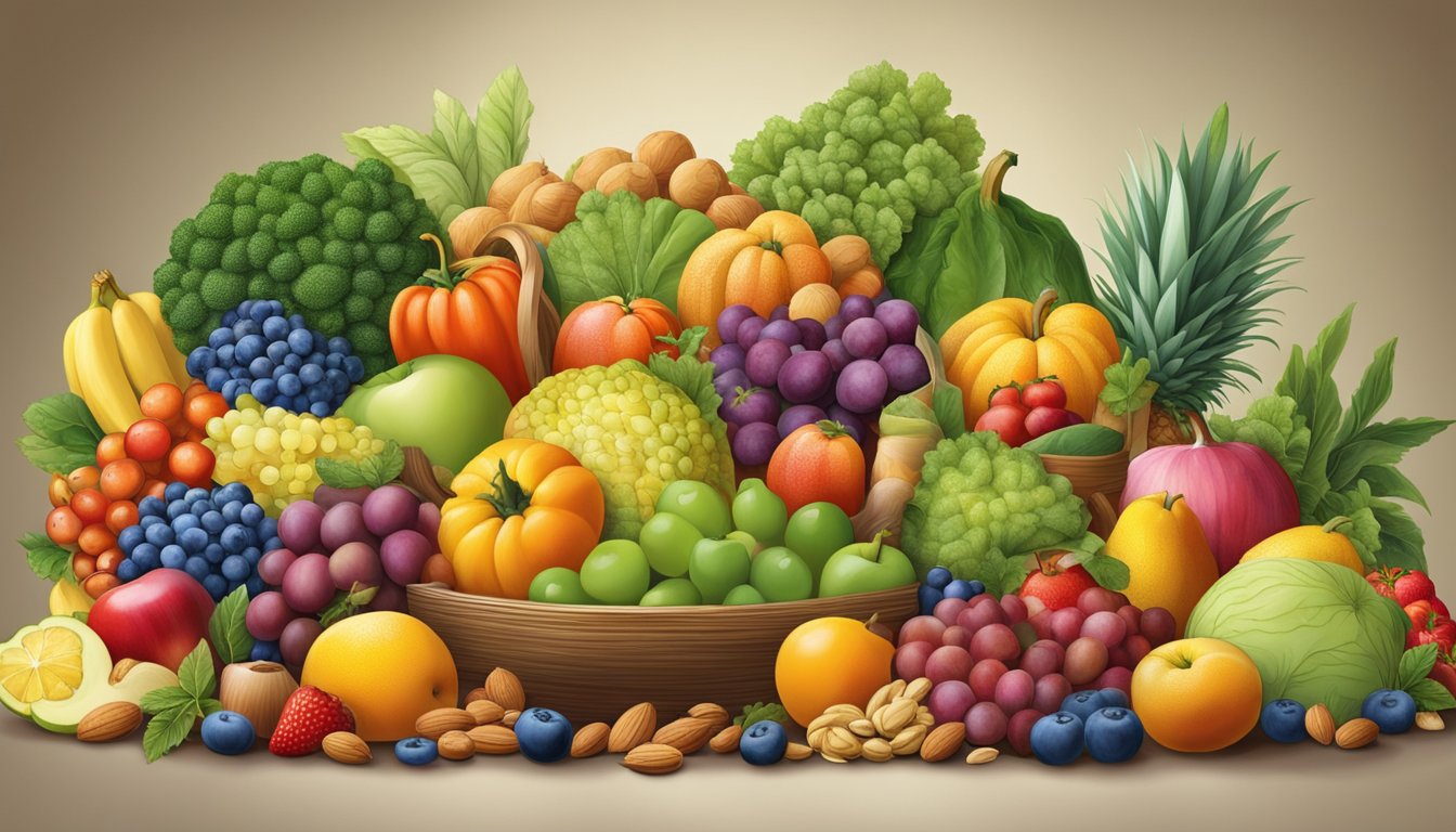 A colorful array of fruits, vegetables, and nuts arranged in a vibrant, inviting display. A sense of abundance and nourishment emanates from the scene