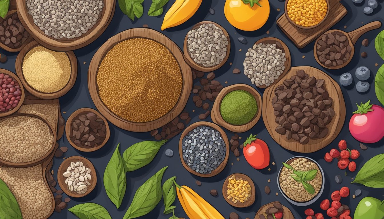 A colorful array of fresh superfood ingredients, such as chia seeds, goji berries, and dark chocolate chips, arranged on a wooden table next to a jar of homemade guilt-free superfood cookies