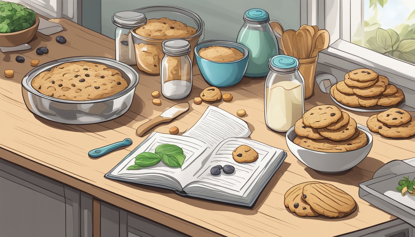 A kitchen counter with assorted baking ingredients and utensils, a recipe book open to a page on cookie techniques, and a jar of freshly baked superfood cookies