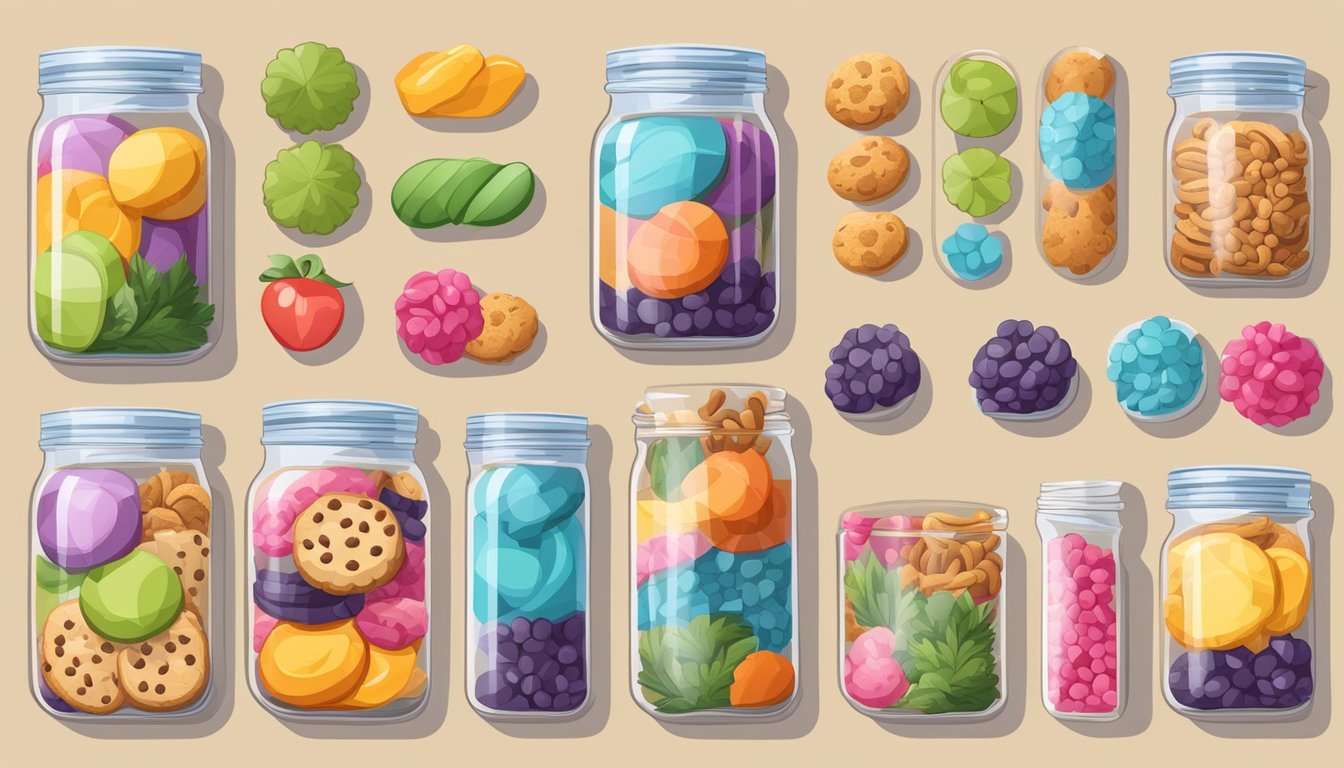 A jar filled with colorful superfood cookies, surrounded by various dietary symbols and labels